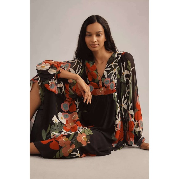 FARM Rio Dresses & Skirts - Farm Rio Anthropologie Floral Maxi Dress Black Red VNeck Long Sleeve Small Boho
